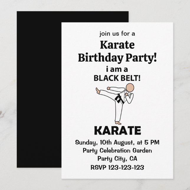 Convites Eu sou uma festa de aniversário de Karate Faixa Pr (Frente/Verso)