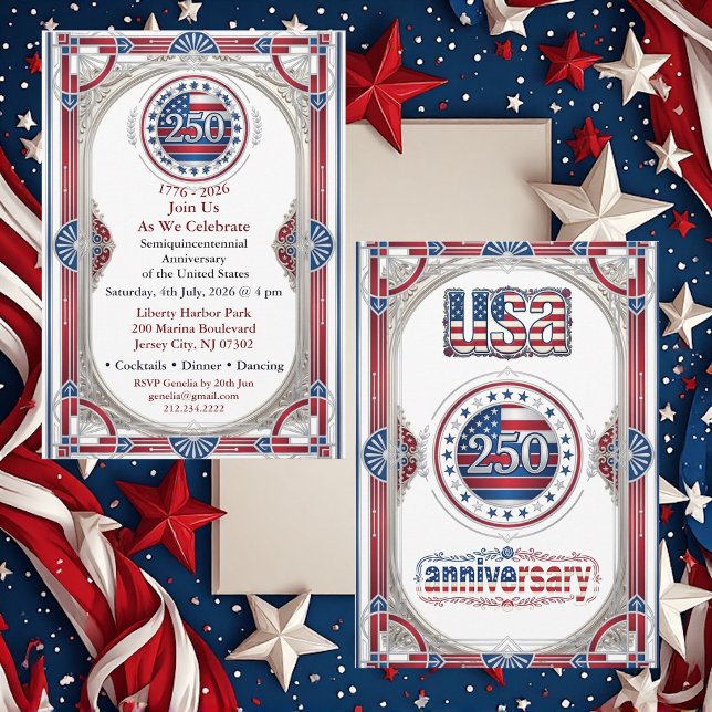 Convites EUA 250 Liberdade Prata Aniversário Vermelho Branc (USA 250 Freedom Silver Anniversary Red White Blue Invitation)