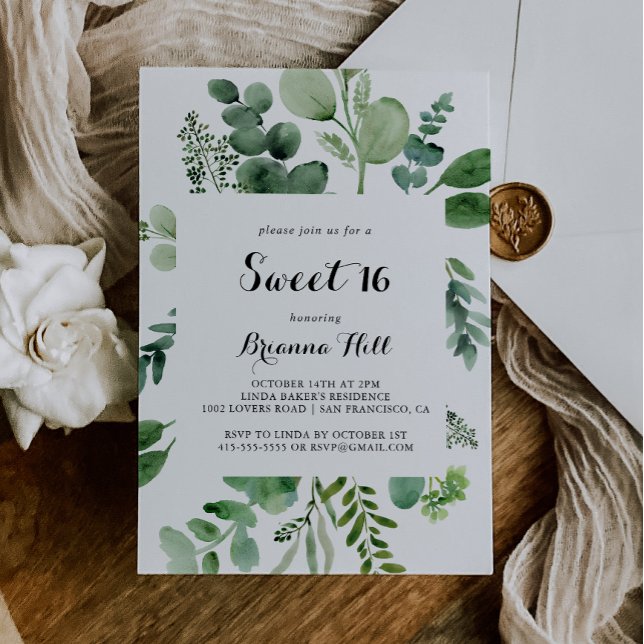 Convites Eucalipto Calliografia Doce 16 Festa de aniversári (Criador carregado)