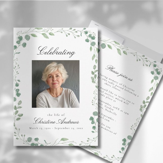 Convites Eucalipto Celebração da Vida Funeral Branco (Eucalyptus Celebration of Life Funeral White Invitation. Print & Instant Download.)