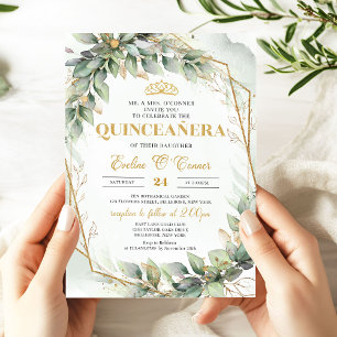 Convites Eucalipto-chic, verde-ouro, brilho Quinceañera