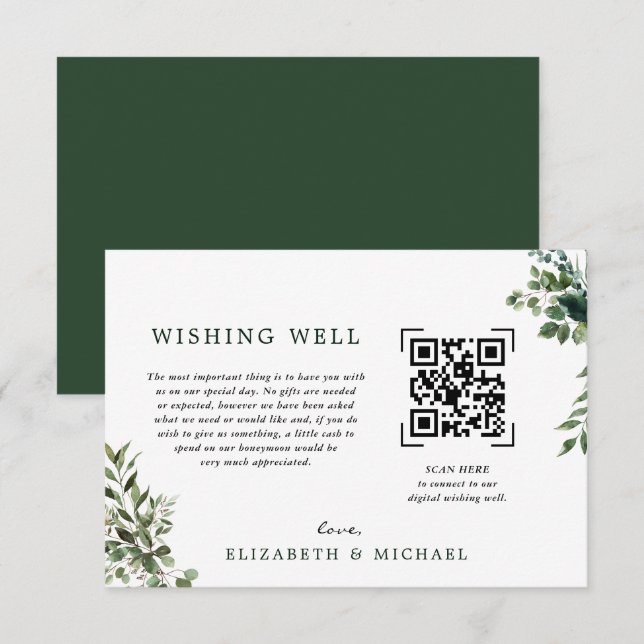 Convites Eucalipto | Código QR Scan Poço de Desejos Casamen (Frente/Verso)