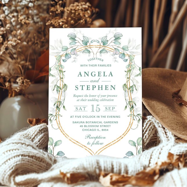 Convites Eucalipto com Aquarela e Casamento Dourado (Criador carregado)