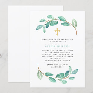 Convites Eucalipto de aquarela e cruz Dourada Batismo