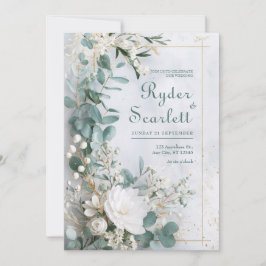 Convites Eucalipto Dourado Floral Branco Casamento à Beira-