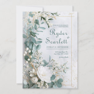Convites Eucalipto Dourado Floral Branco Casamento à Beira-
