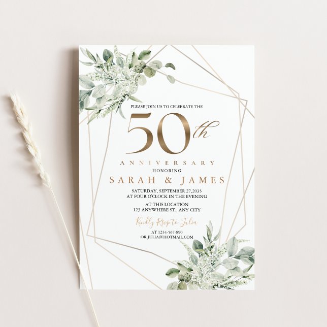 Convites Eucalipto Dourado Geométrico 50º Aniversário  (Eucalyptus Gold Geometric 50th Anniversary Invitation)