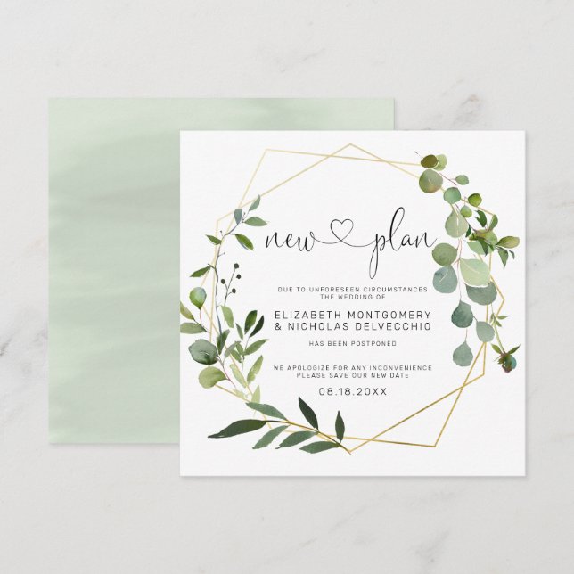 Convites Eucalipto Dourado Geométrico | Casamento Adiado (Frente/Verso)