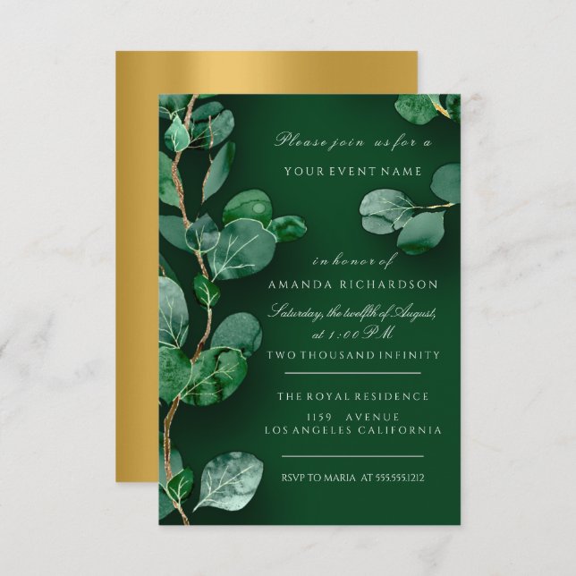 Convites Eucalipto Dourado Verde Casamento Aniversário (Frente/Verso)