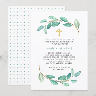 Convites Eucalipto e Cruz Dourada   Primeira Comunhão Santa