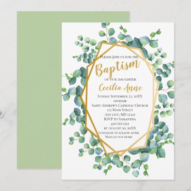 Convites Eucalipto e Moldura Dourada Floral Verde Batismo (Frente/Verso)