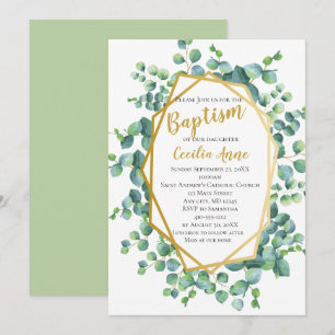 Convites Eucalipto e Moldura Dourada Floral Verde Batismo