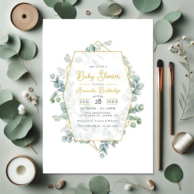 Convites Eucalipto Elegante e Chá de fraldas Geométrico Dou (Elegant Eucalyptus and Gold Geometric Baby Shower Invitation)