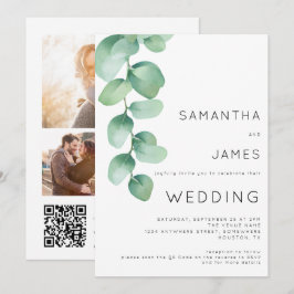 Convites Eucalipto em Aquarela 3 Fotos Código QR Casamento