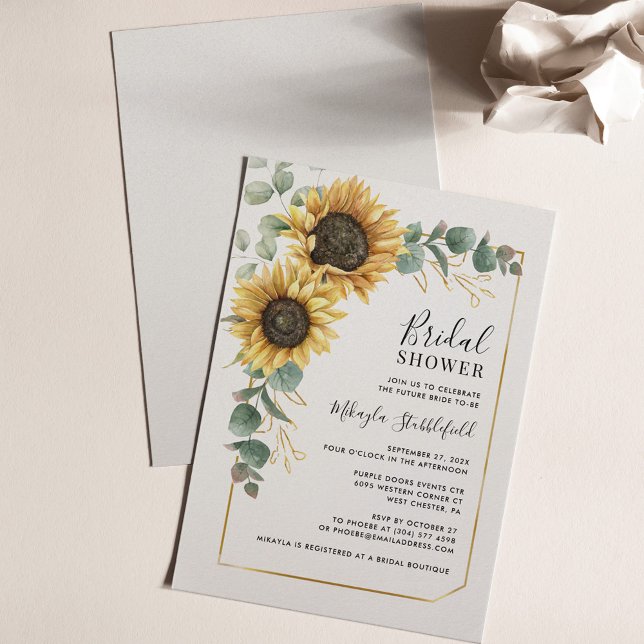 Convites Eucalipto Flores de Girassol Chá de panela (Sunflower Eucalyptus Script Typography Bridal Shower Invitation)