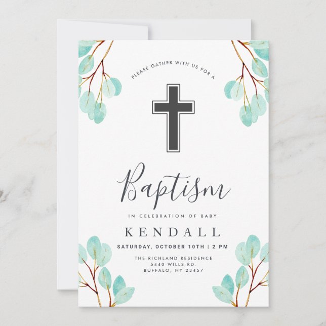 Convites Eucalipto fresco | Greenery Themed Baptism (Frente)