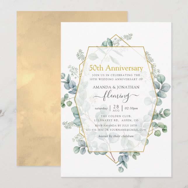 Convites Eucalipto Geométrico 50º Aniversário de Casamento (Frente/Verso)