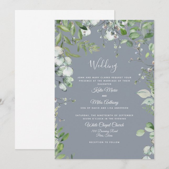 Convites Eucalipto Moderno Casamento Azul Dusty Pais (Frente/Verso)