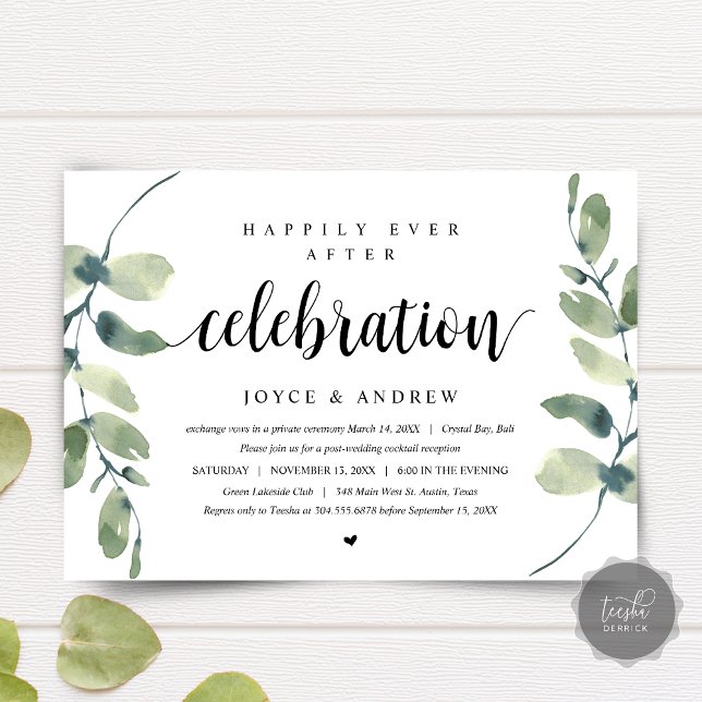 Convites Eucalipto Moderno, Celebração de Casamento Fugitiv (Wedding Elopement Dinner, Party, Celebration Invitation card, Modern Eucalyptus, Downloadable)