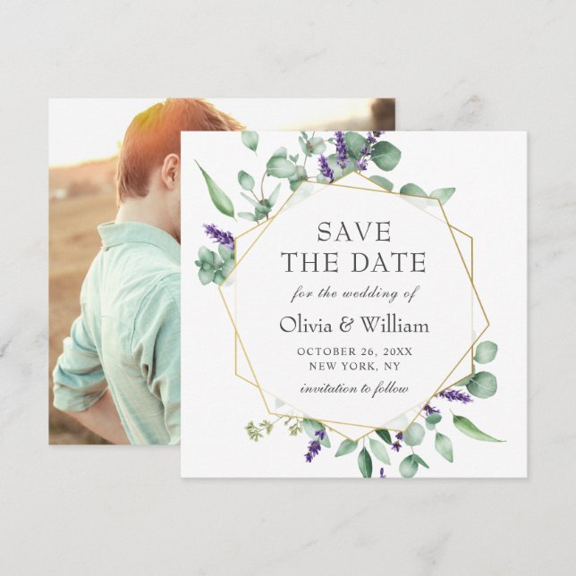 Convites Eucalipto Moderno FOTO de Casamento SAVE THE DATE (Frente/Verso)