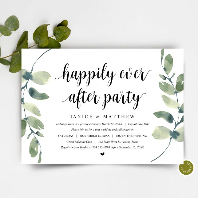 Convites Eucalipto Moderno, Preto, Casamento Festa de Elopa (Wedding Elopement Party,  Dinner and Dancing Invitation Card, in Modern Eucalyptus Greenery themed)