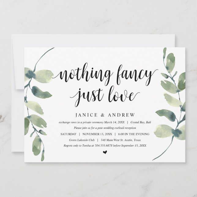 Convites Eucalipto Moderno, Preto, Festa de Casamento Intim (Frente)