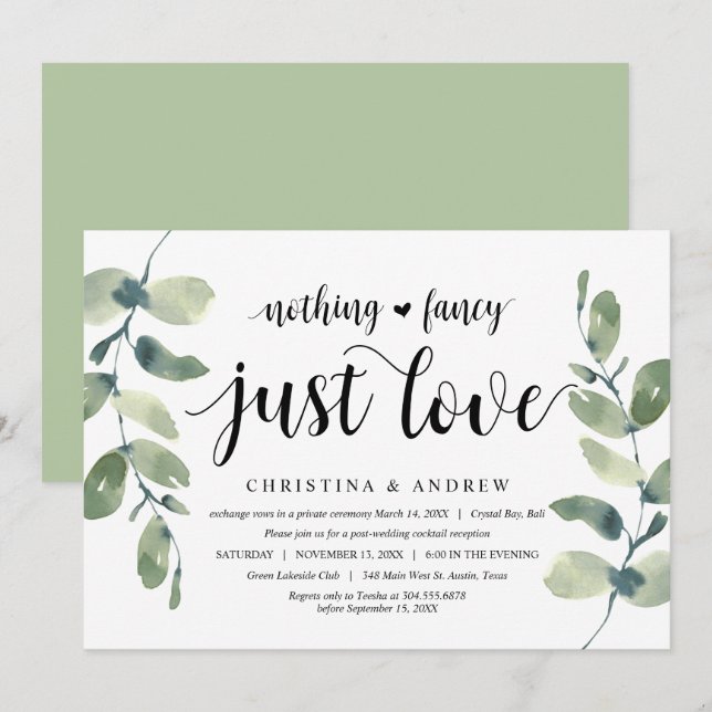 Convites Eucalipto Moderno, Tinta Preta, Casamento Intimo (Frente/Verso)