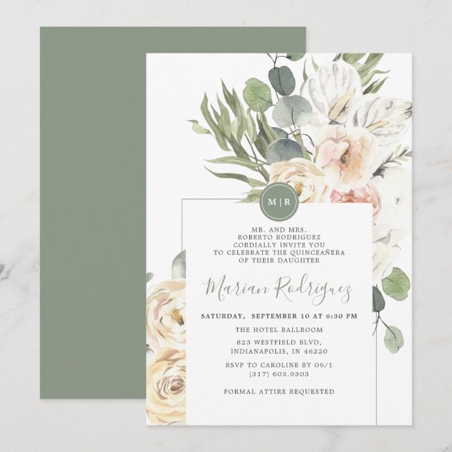 Convites Eucalipto Monograma Floral Único Quinceañera (Frente/Verso)