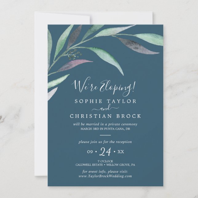 Convites Eucalipto Roxo Verde | Recepção de Casamento Azul (Frente)