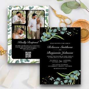 Convites Eucalipto Rústico Código QR de Foto Preto Casament