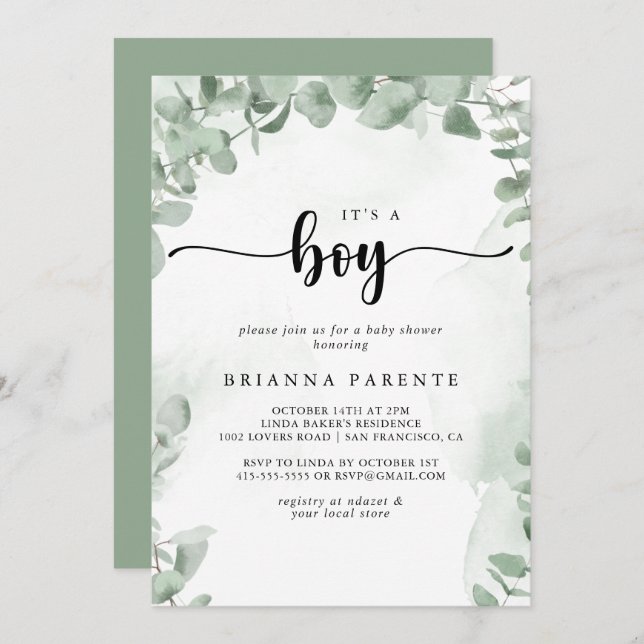 Convites Eucalipto verde clássico É um Chá de fraldas (Frente/Verso)