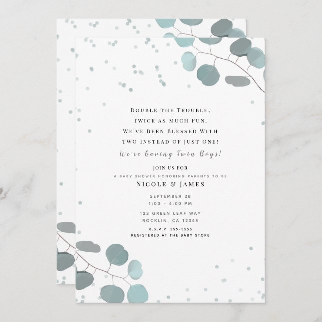 Convites Eucalipto Verde Deixa Gêmeos Chás de fraldas (Frente/Verso)