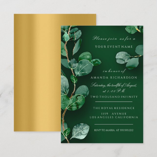 Convites Eucalipto Verde Dourado Casamento Aniversário (Frente/Verso)