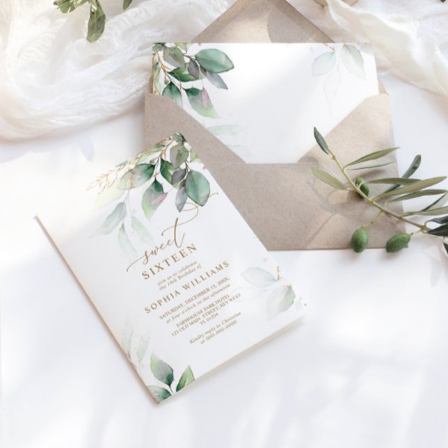 Convites Eucalipto Verde e Dourado Doce 16 Aniversário (Criador carregado)