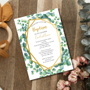 Convites Eucalipto Verde Floral Ouro Batismo Menino Menina