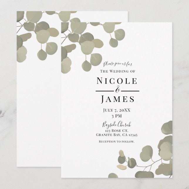 Convites Eucalipto Verde Rústico Casamento Moderno Elegante (Frente/Verso)