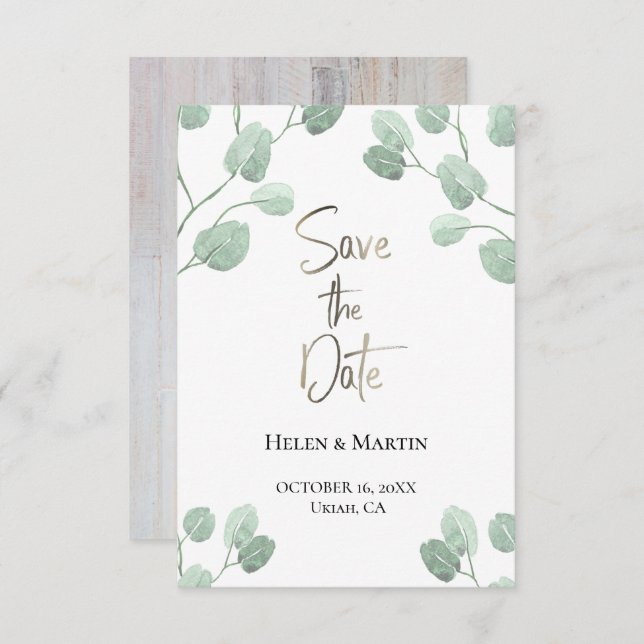 Convites eucalipto verde rústico salvar a data (Frente/Verso)