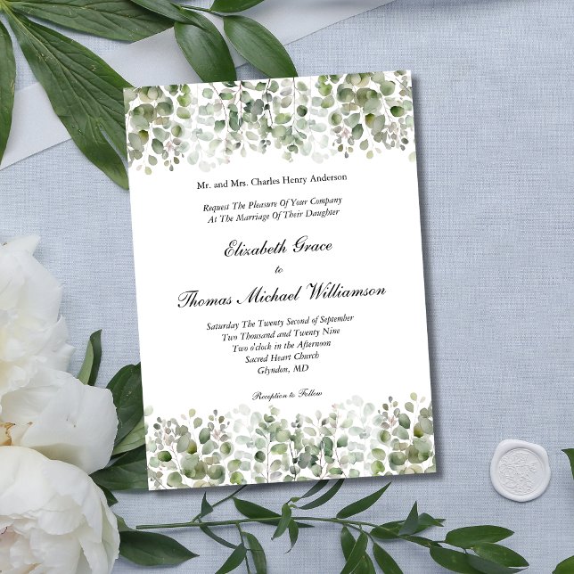 Convites Eucalipto Verdejante Casamento Clássico Elegante F (Classic Traditional Formal Eucalyptus Wedding invitation. Printed or Instant digital download.)