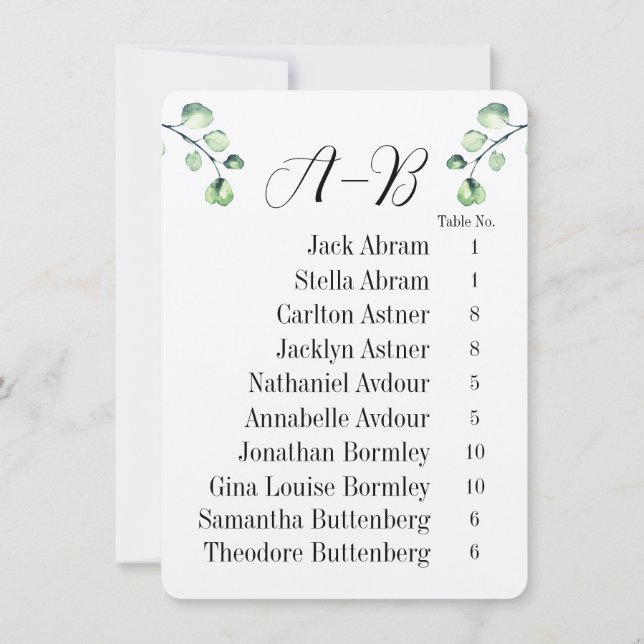 Convites Eucalyptus Alphabetical 10 Guest Table Chart Cards (Verso)