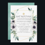 Convites Eucalyptus Anemone Geométrico Bat Mitzvah<br><div class="desc">Trendy geométrica eucalipto verde e flores de papoila em tons pastéis bat mitzvah convite com moldura geométrica dourada e lavagem de hortelã de hortelã inversa.</div>