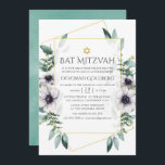 Convites Eucalyptus Anemone Geométrico Bat Mitzvah<br><div class="desc">Trendy geométrica eucalipto verde e flores de papoila em tons pastéis bat mitzvah convite com moldura geométrica dourada e lavagem de hortelã de hortelã inversa.</div>