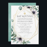 Convites Eucalyptus Anemone Geométrico Bat Mitzvah<br><div class="desc">Trendy geométrica eucalipto verde e flores de papoila em tons pastéis bat mitzvah convite com moldura geométrica dourada e lavagem de hortelã de hortelã inversa.</div>