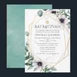 Convites Eucalyptus Anemone Geométrico Bat Mitzvah<br><div class="desc">Trendy geométrica eucalipto verde e flores de papoila em tons pastéis bat mitzvah convite com moldura geométrica dourada e lavagem de hortelã de hortelã inversa.</div>