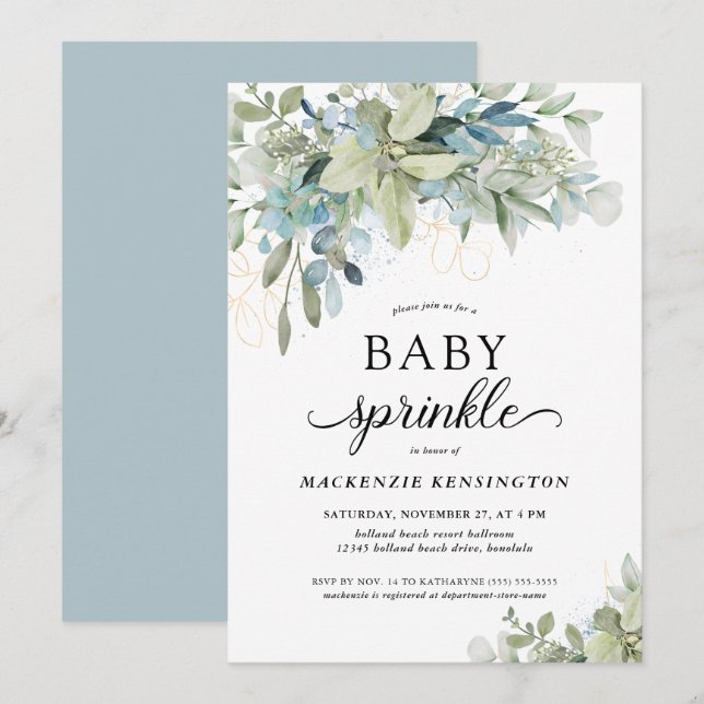 Convites Eucalyptus Baby Sprinkle Azul (Frente/Verso)