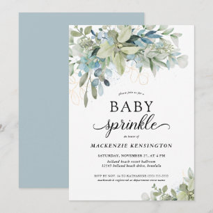 Convites Eucalyptus Baby Sprinkle Azul Dusty Botânica