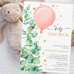 Convites Eucalyptus Balloon Baby Girl Chás estrelas