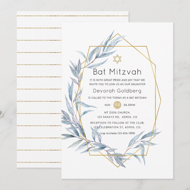 Convites Eucalyptus Bat Mitzvah, geométrico, azul e Dourado (Frente/Verso)