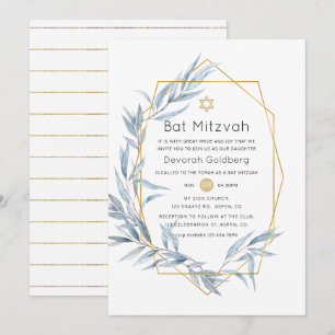 Convites Eucalyptus Bat Mitzvah, geométrico, azul e Dourado
