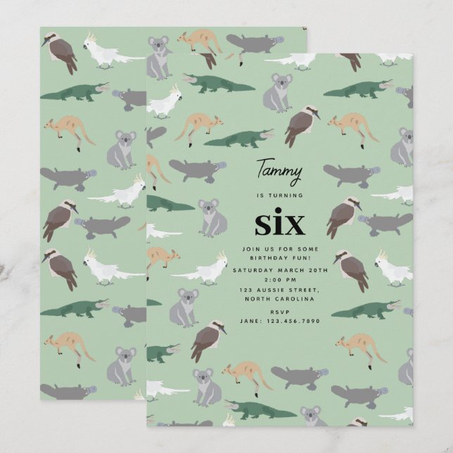 Convites Eucalyptus Birthday, animais nativos australianos (Frente/Verso)