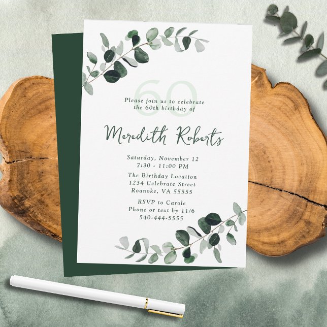 Convites Eucalyptus Botanical Greenery 60º Aniversário (Eucalyptus Botanical Greenery Nature-Inspired 60th Birthday Party Invitation)